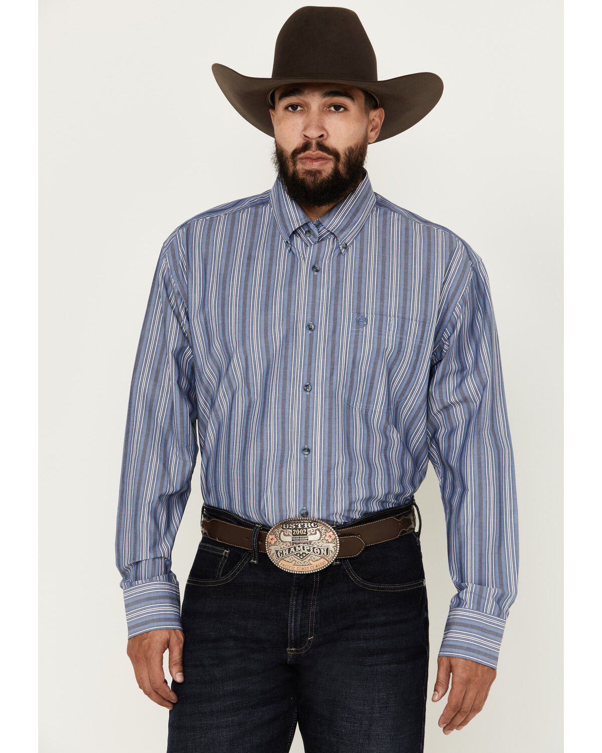 Image #1 - George Strait by Wrangler Men's Striped Long Sleeve Button-Down Western Shirt - Big, Blue, hi-res