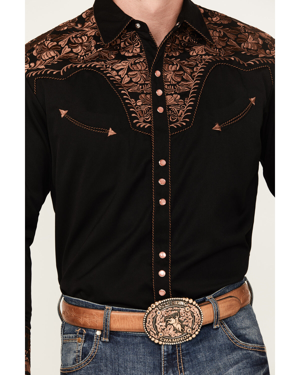 Image #3 - Scully Men's Embroidered Gunfighter Long Sleeve Snap Western Shirt, Black, hi-res