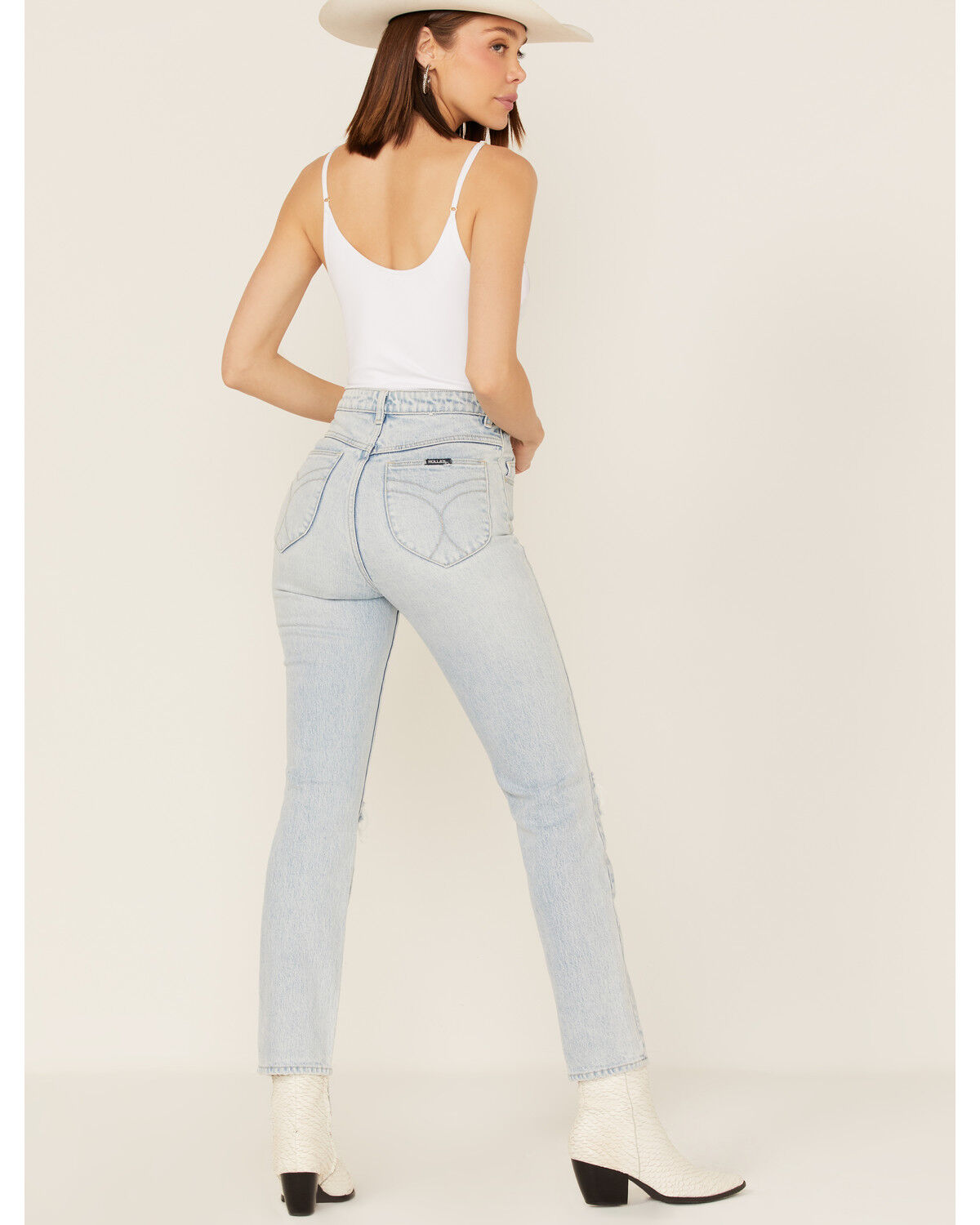 Image #3 - Rolla's Women's Light Wash High Rise Distressed Slim Dusters Straight Jeans, Blue, hi-res