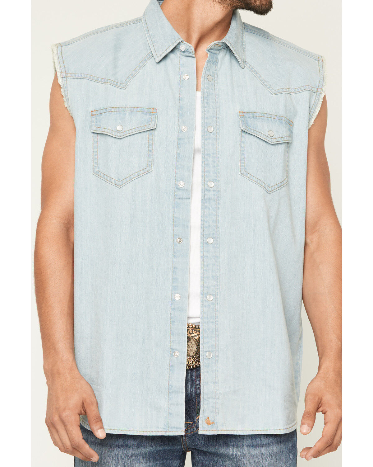 Image #3 - Cody James Men's Light Wash Frosty Sleeveless Snap Denim Bubba, Light Wash, hi-res
