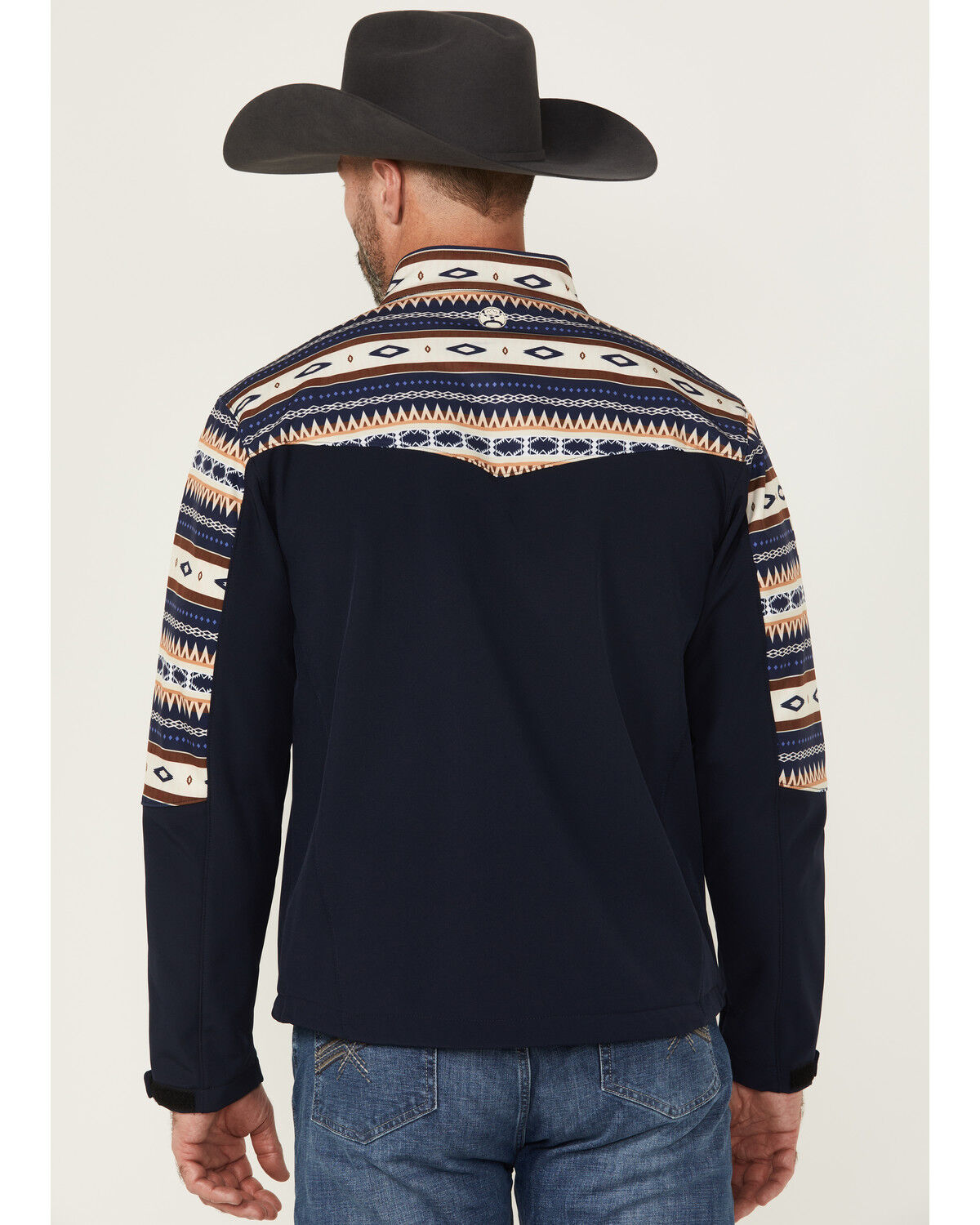Image #4 - Hooey Men's Southwestern Print Color Block Softshell Jacket, Navy, hi-res