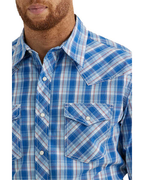 Image #2 - Wrangler Men's 20X Plaid Print Long Sleeve Snap Stretch Western Shirt , Blue, hi-res