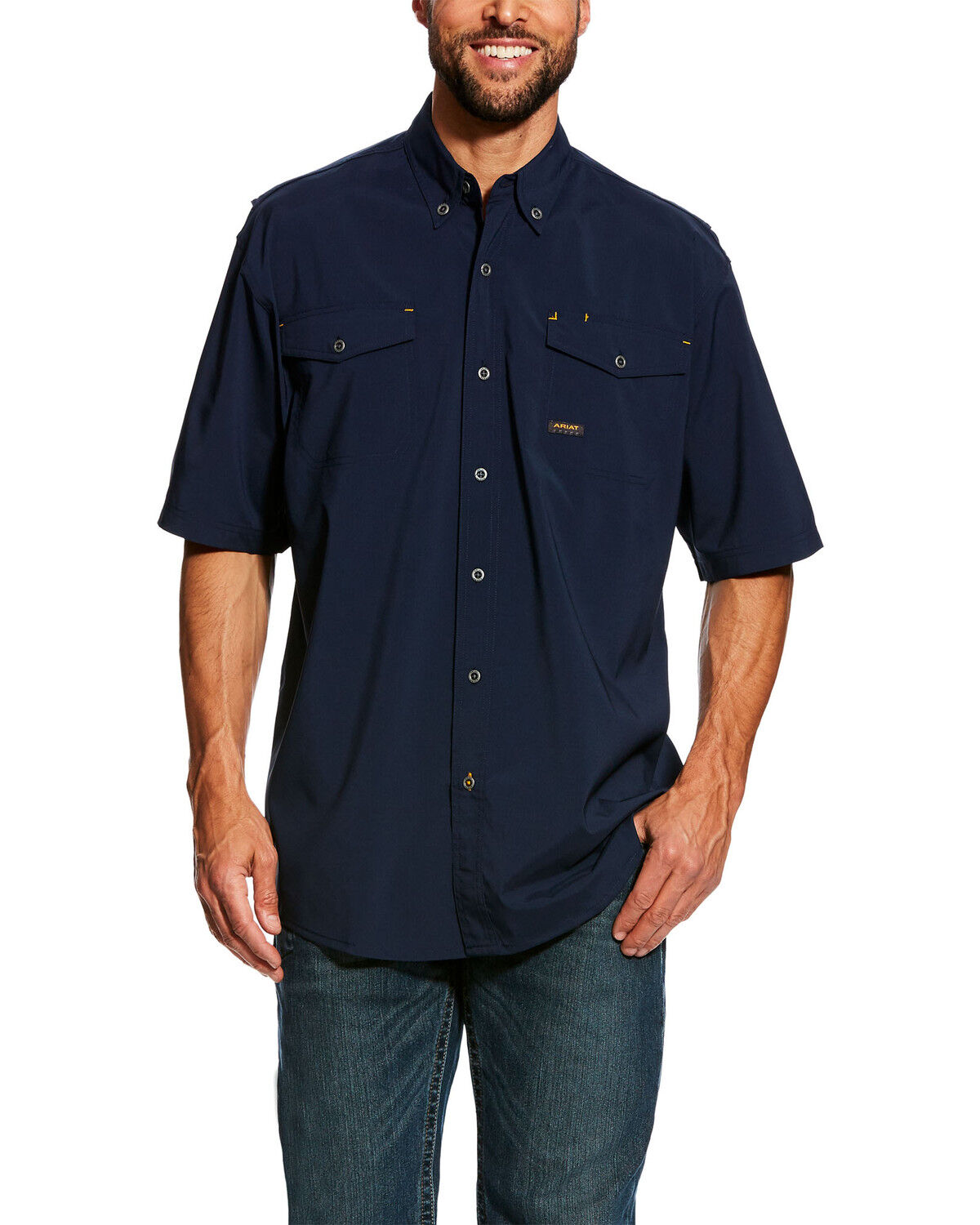 Image #1 - Ariat Men's Rebar Made Tough VentTEK Short Sleeve Work Shirt - Tall, Navy, hi-res