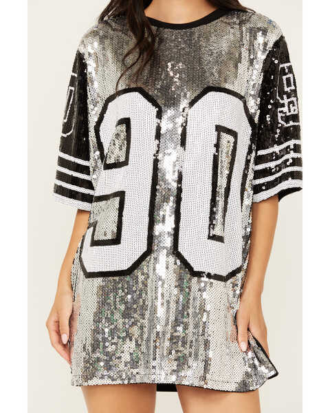 Image #3 - Why Dress Women's Game On Jersey Sequins Oversized Tee, Silver, hi-res