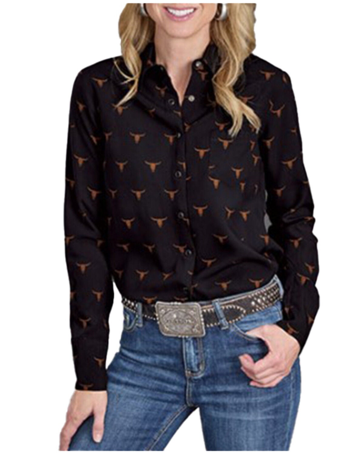 Stetson Women's Mojave Steerhead Printed Long Sleeve Snap Western Shirt, Black, hi-res