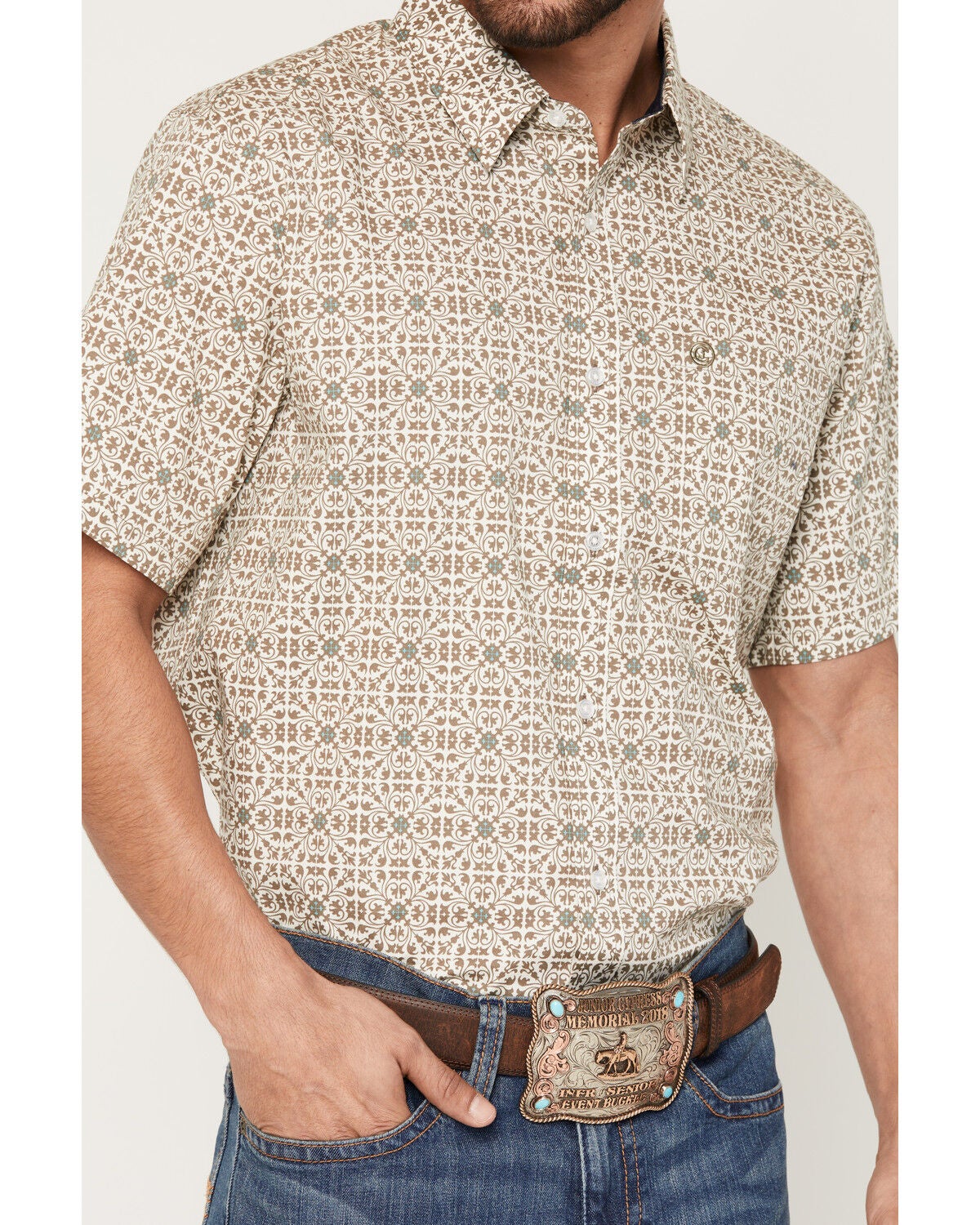 Image #3 - Cody James Men's Mind Trap Geo Print Short Sleeve Button-Down Stretch Western Shirt, Cream, hi-res