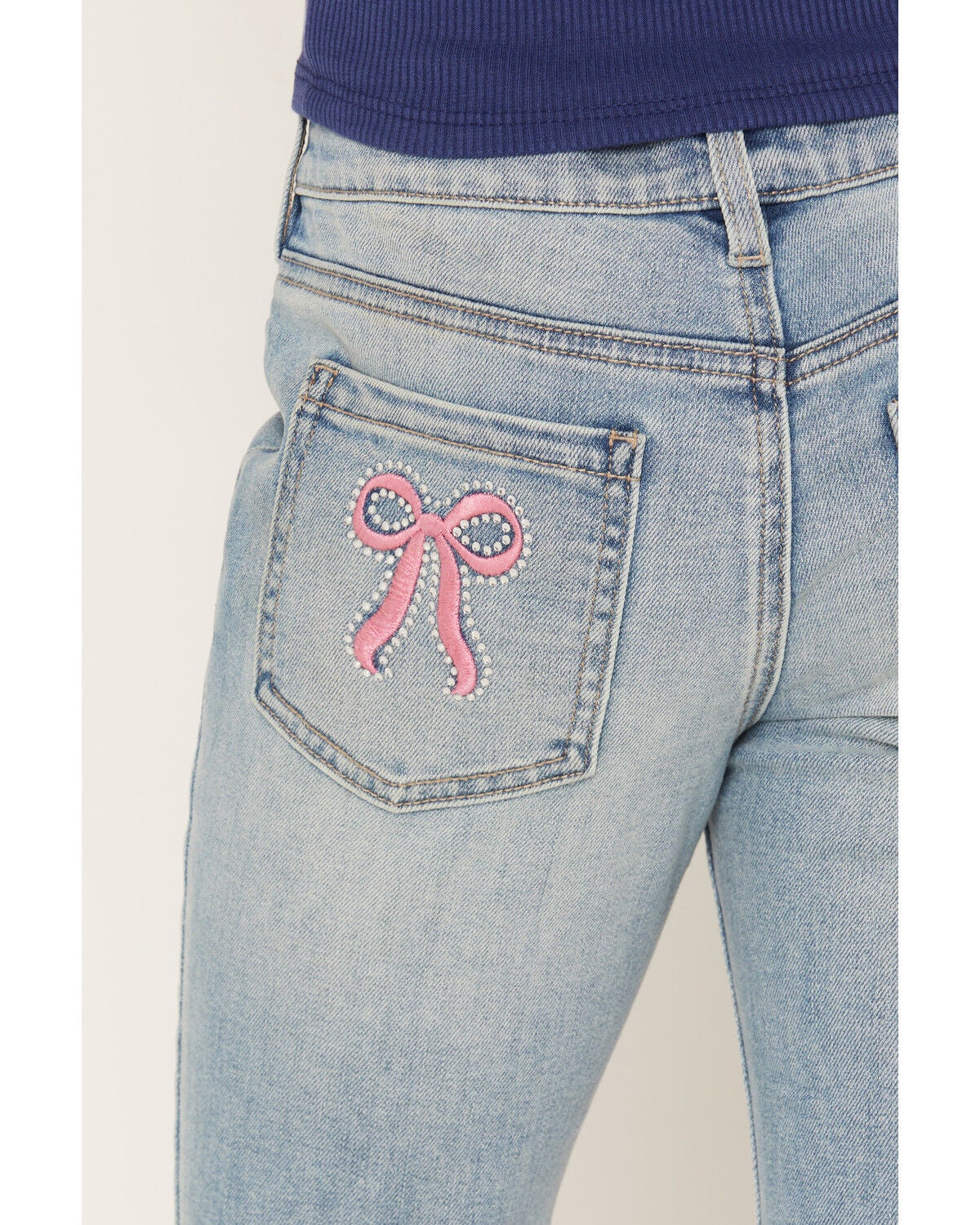 Image #4 - Shyanne Girls' Light Wash Lacey Bow Embroidered Flare Stretch Denim Jeans, Light Wash, hi-res