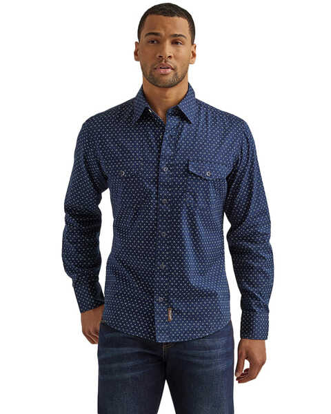 Image #1 - Wrangler Retro Men's Premium Geo Print Long Sleeve Button-Down Western Shirt - Tall , Navy, hi-res