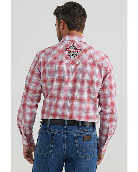 Image #4 - Wrangler Men's PBR Logo Plaid Print Long Sleeve Snap Western Shirt - Tall , Red, hi-res