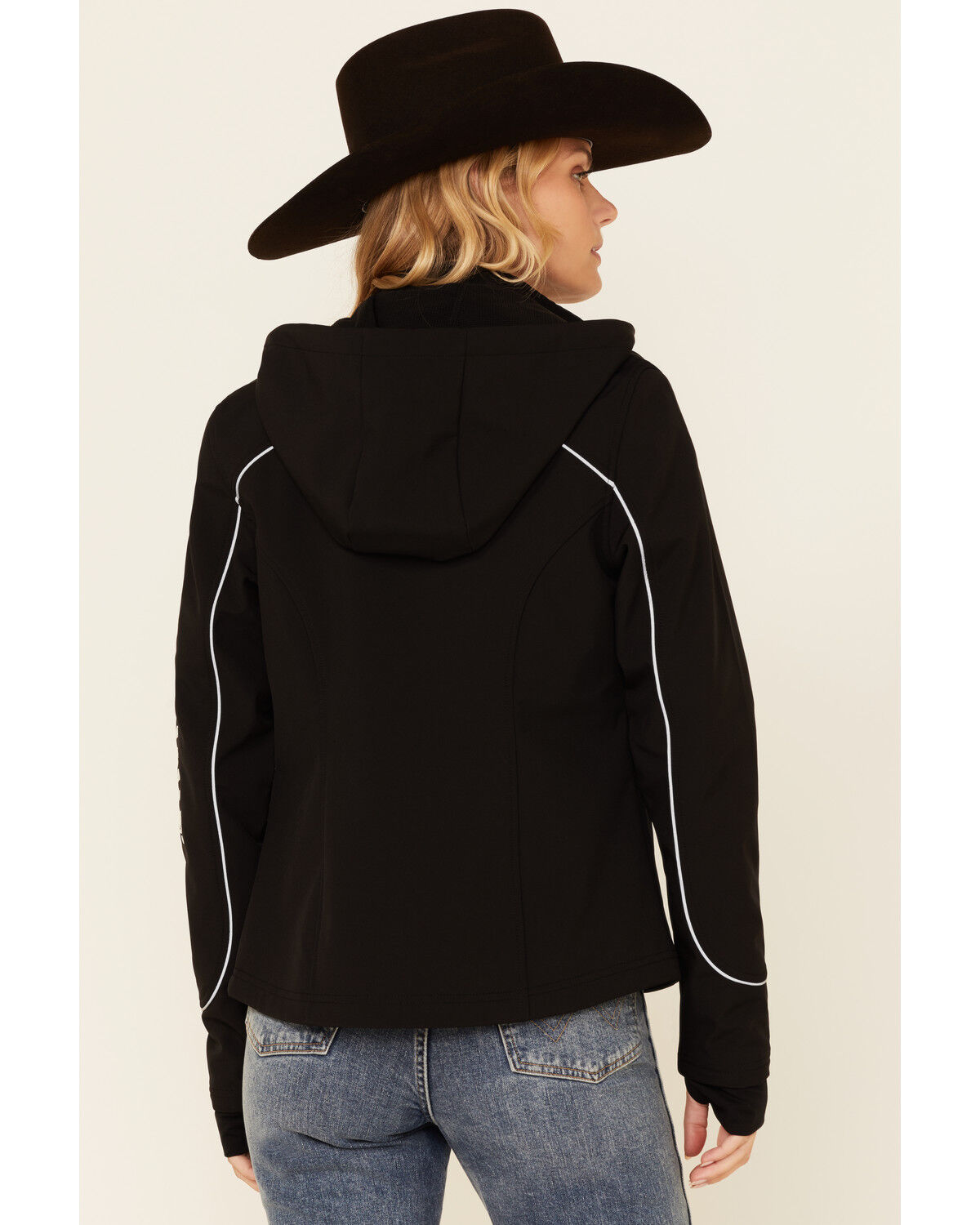Image #4 - Shyanne Women's Black Piped Sleeve Logo Zip-Front Hooded Softshell Jacket , , hi-res