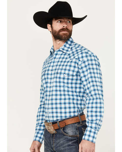 Image #2 - Roper Men's Amarillo Plaid Print Long Sleeve Stretch Western Pearl Snap Shirt, Blue, hi-res