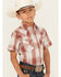 Image #2 - Ely Walker Boys' Textured Dobby Plaid Print Short Sleeve Pearl Snap Western Shirt, Rust Copper, hi-res