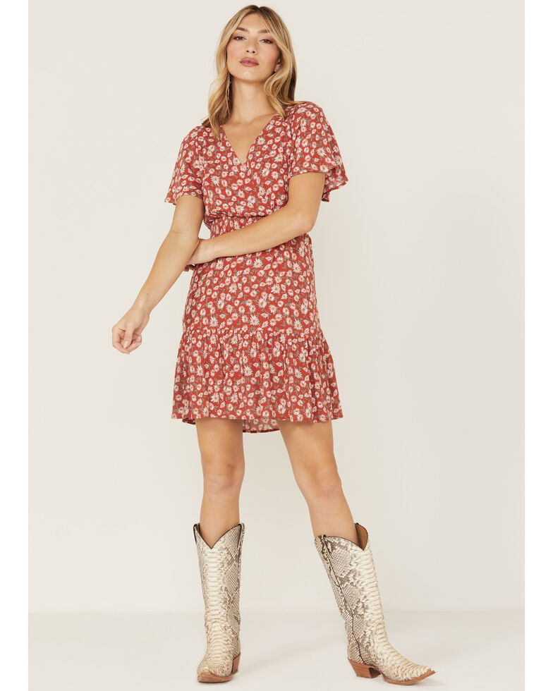 Idyllwind Women's Aberdeen Road Brick Red Flutter Sleeve Floral Dress, Brick Red, hi-res