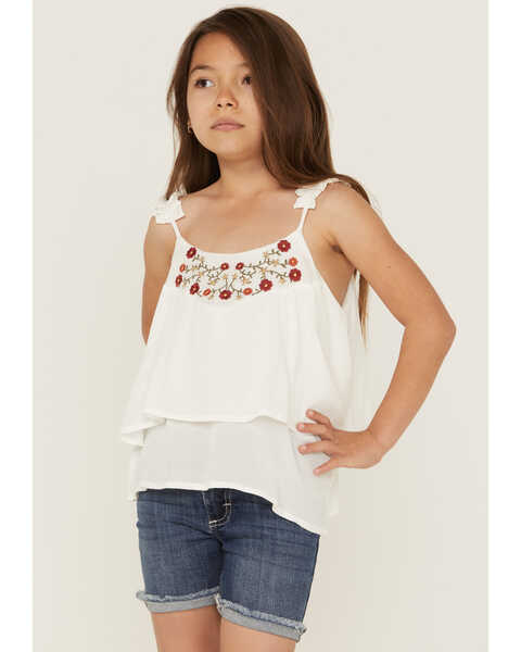 Image #1 - Hayden Girls' Embroidered Pleated Tank, White, hi-res