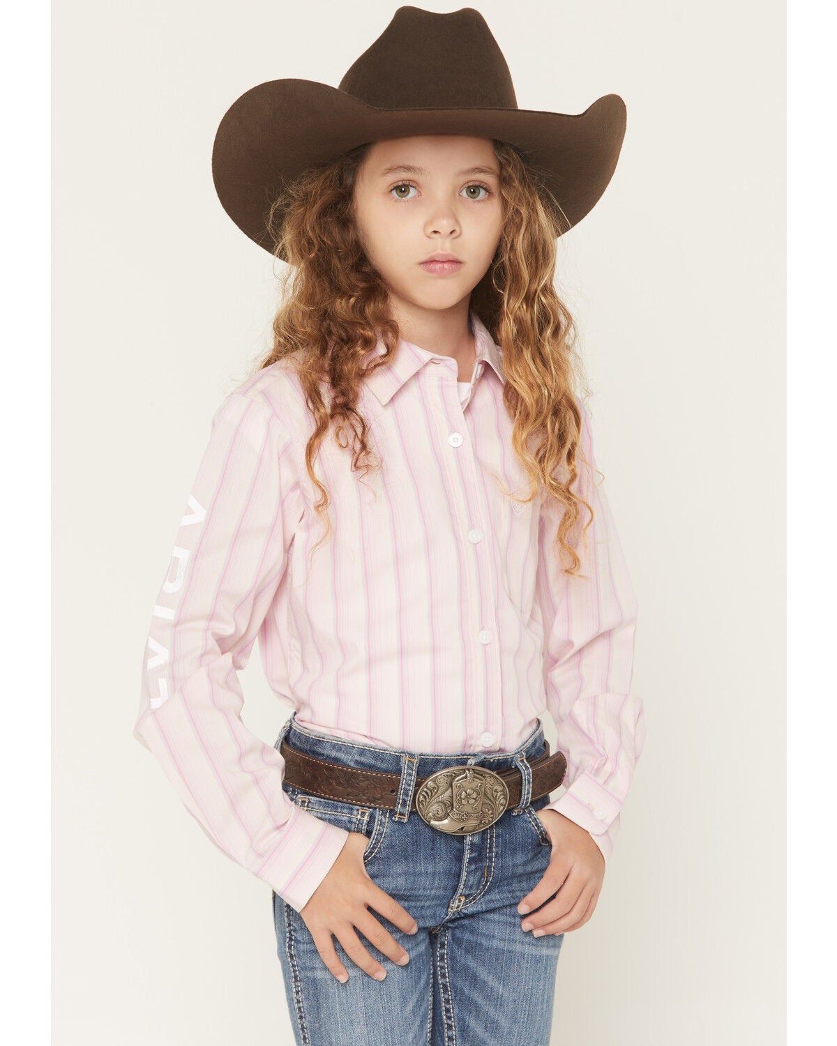 Ariat Girls' Team Kirby Striped Long Sleeve Button-Down Stretch Western Shirt, Pink, hi-res
