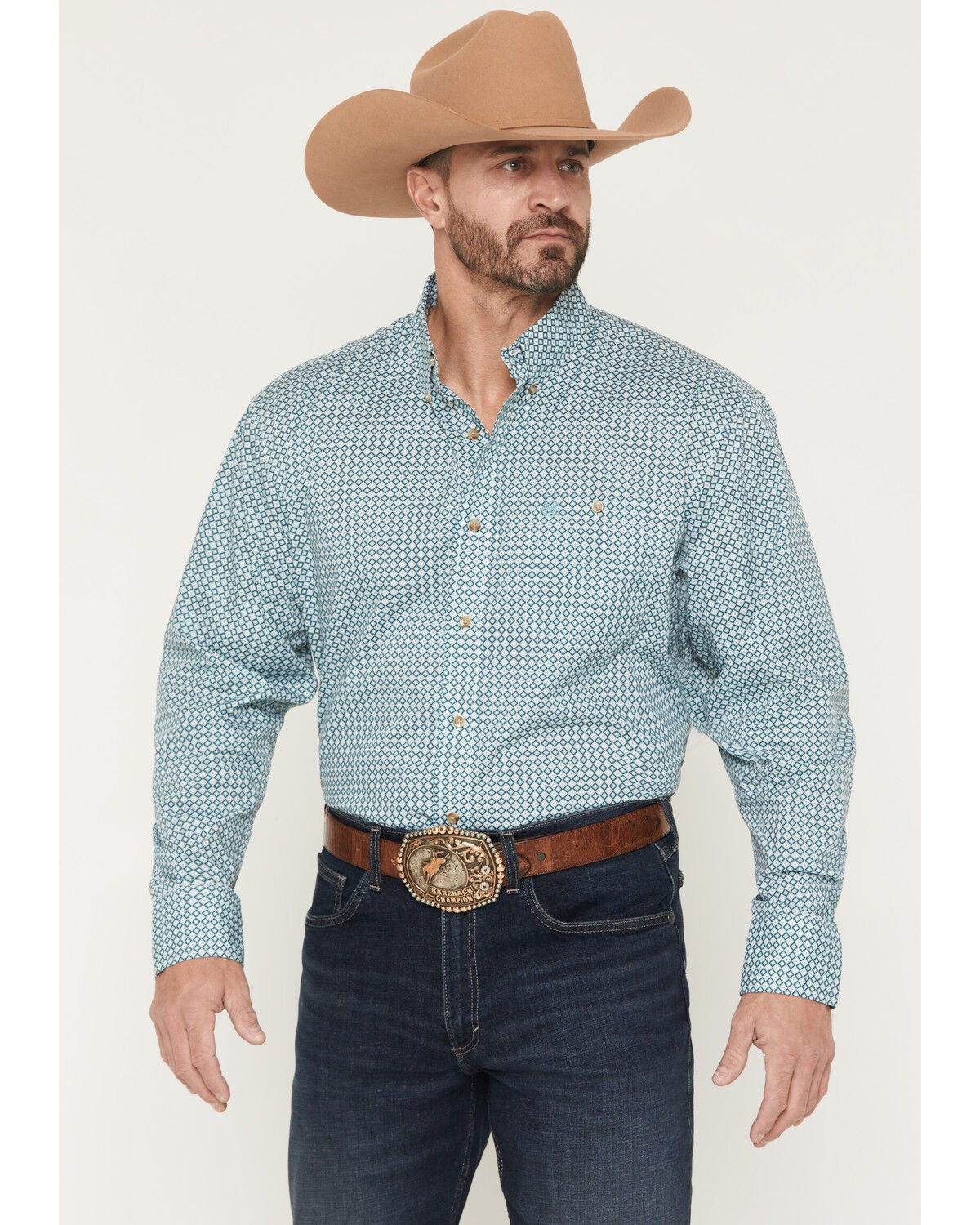 Wrangler Men's Classics Geo Print Long Sleeve Button-Down Western Shirt - Tall, Turquoise, hi-res
