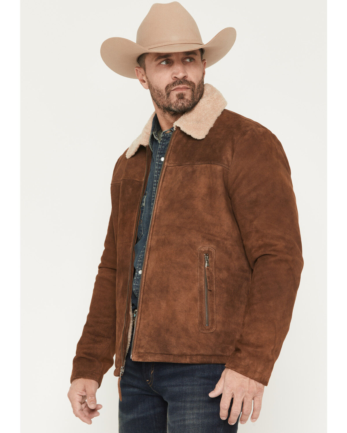 Image #2 - Scully Men's Sherpa Lined Leather Zip Jacket, Brown, hi-res