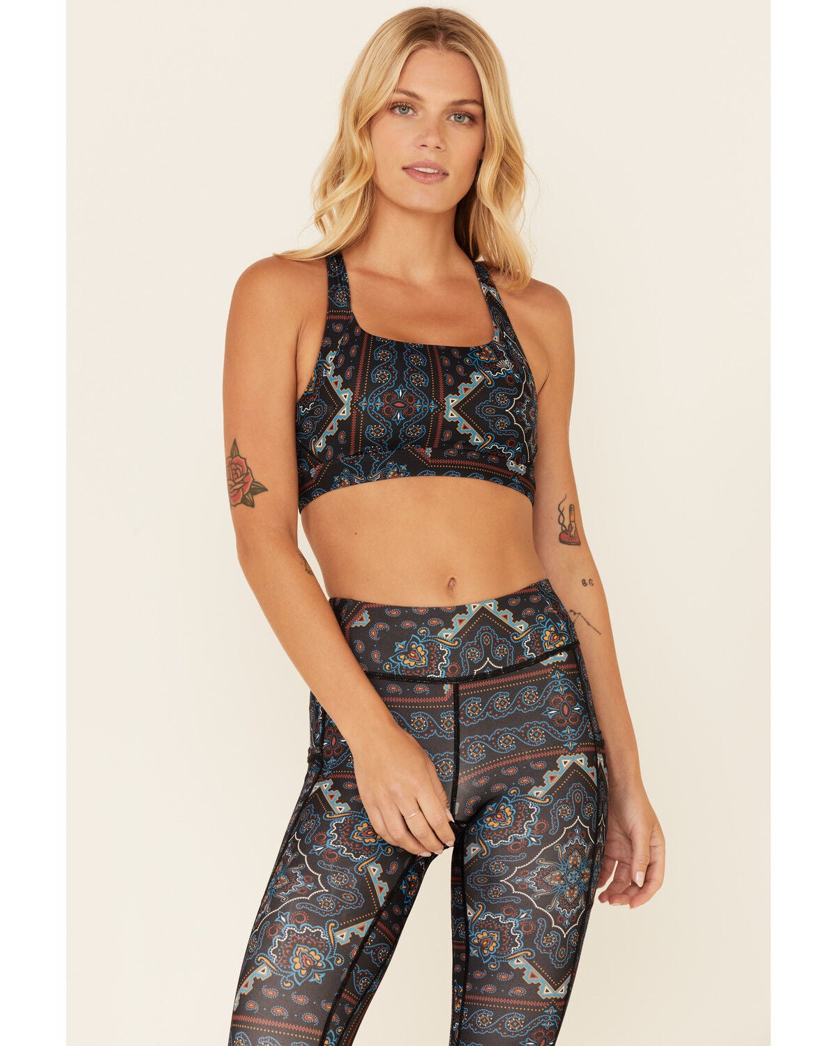 Shyanne Women's Paisley Print Riding Sports Bra, Navy, hi-res