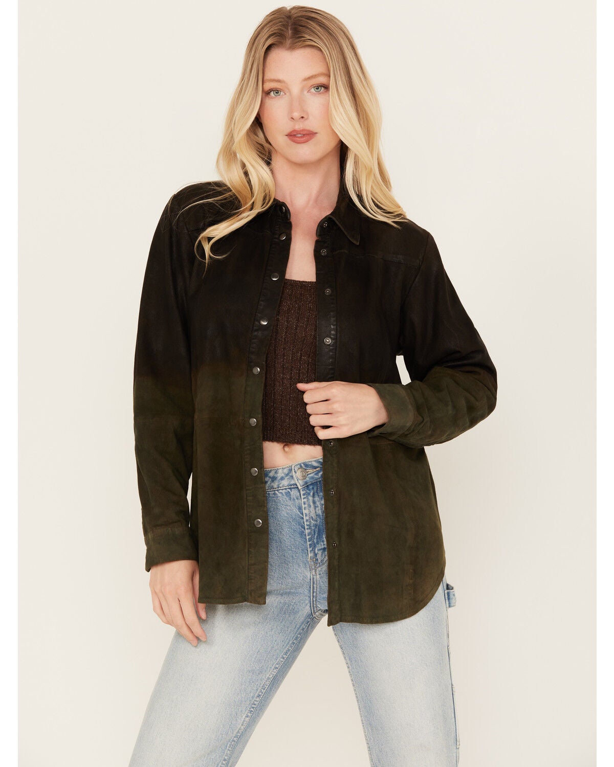 Cleo + Wolf Women's Ombre Suede Snap Up Shacket, Sage, hi-res
