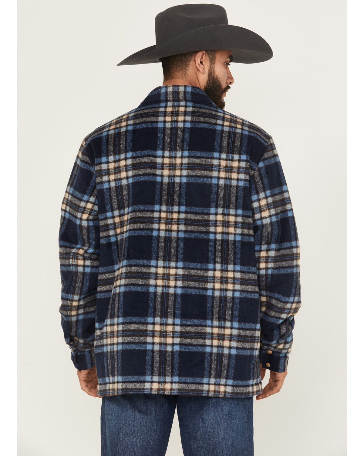 Image #4 - Wrangler Men's Plaid Print Quilt Lined Snap Shirt Jacket, Navy, hi-res