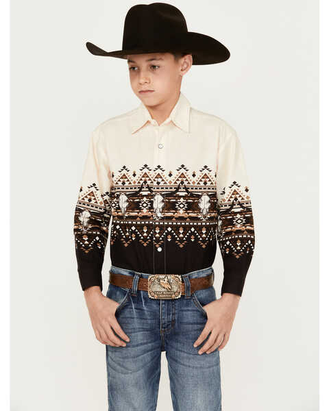 Image #1 - Panhandle Boys' Steer Head Southwestern Border Print Long Sleeve Pearl Snap Shirt, Natural, hi-res