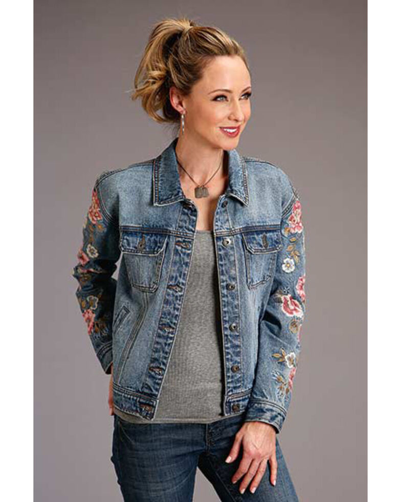 Stetson Women's Blue Floral Embroidered Button-Down Denim Jacket , Blue, hi-res