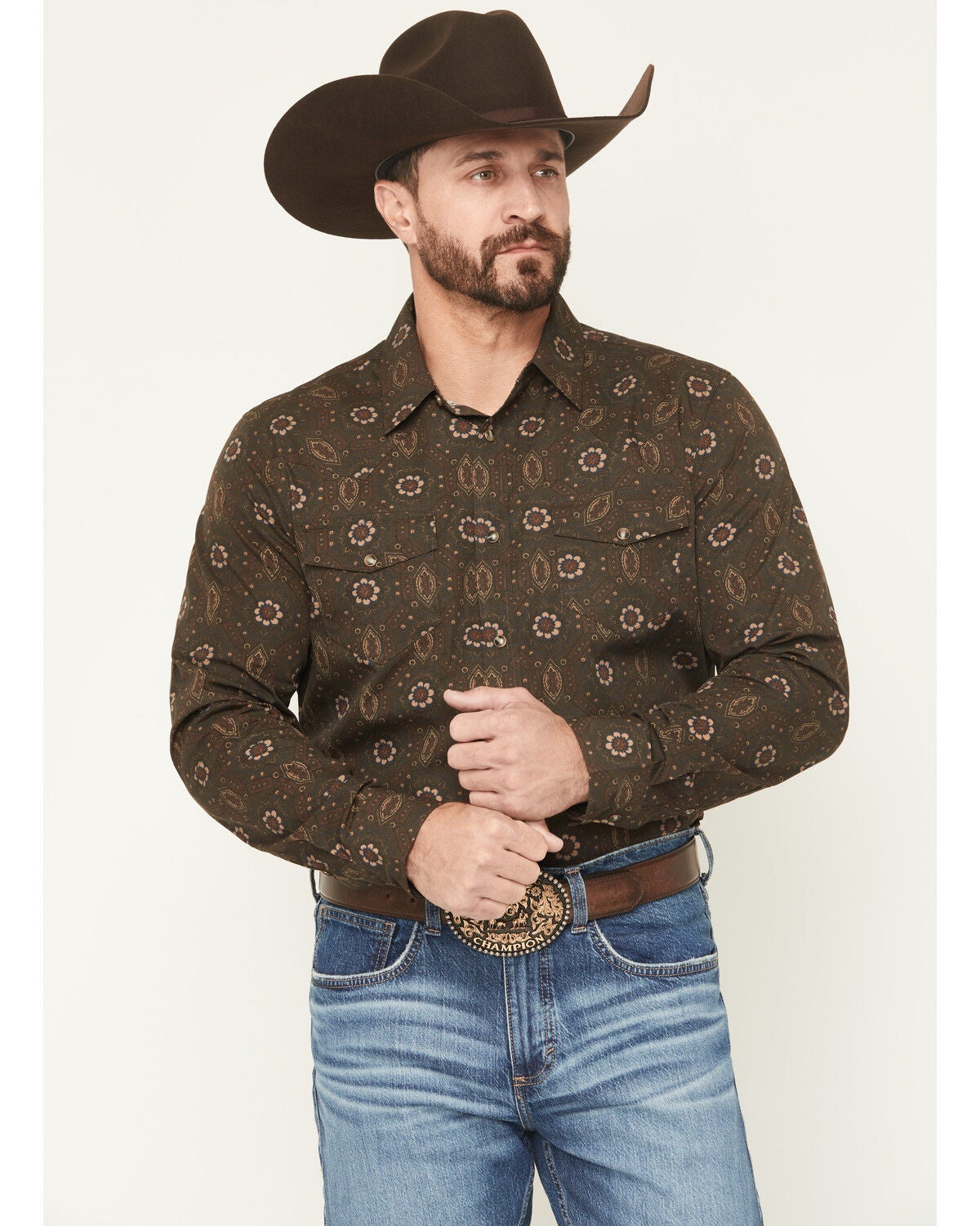 Image #1 - Gibson Trading Co Men's Bourbon Street Medallion Print Long Sleeve Snap Stretch Western Shirt, Brown, hi-res