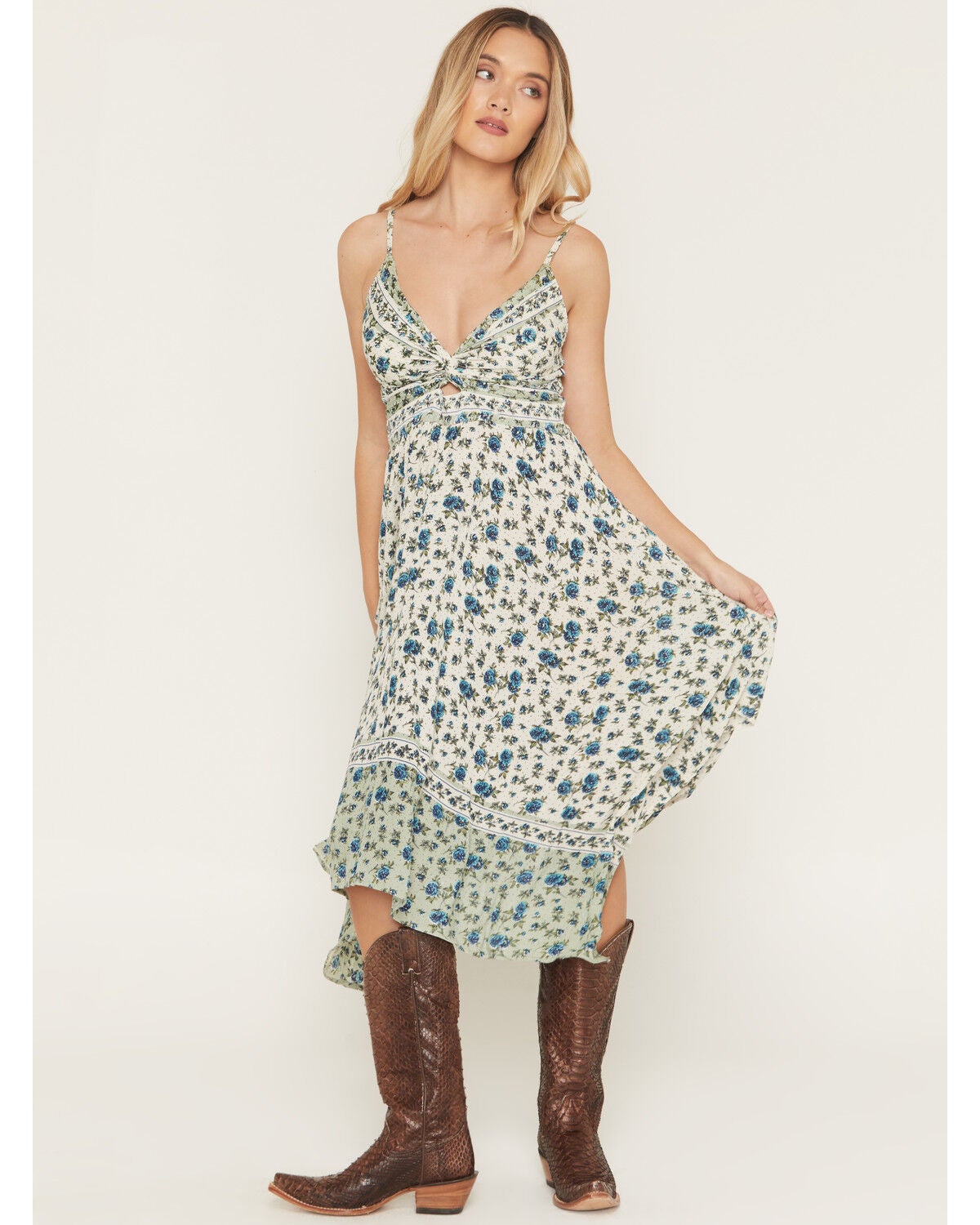Angie Women's Border Print Front Twist Sleeveless Midi Dress, Ivory, hi-res