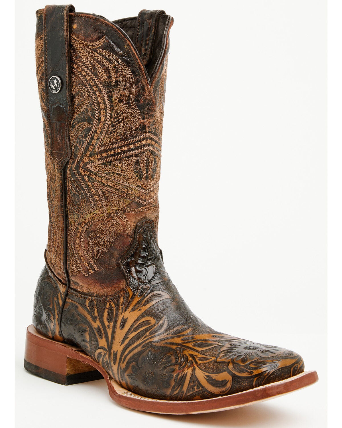 Tanner Mark Men's Hand Tooled Western Boots - Broad Square Toe, Brown, hi-res