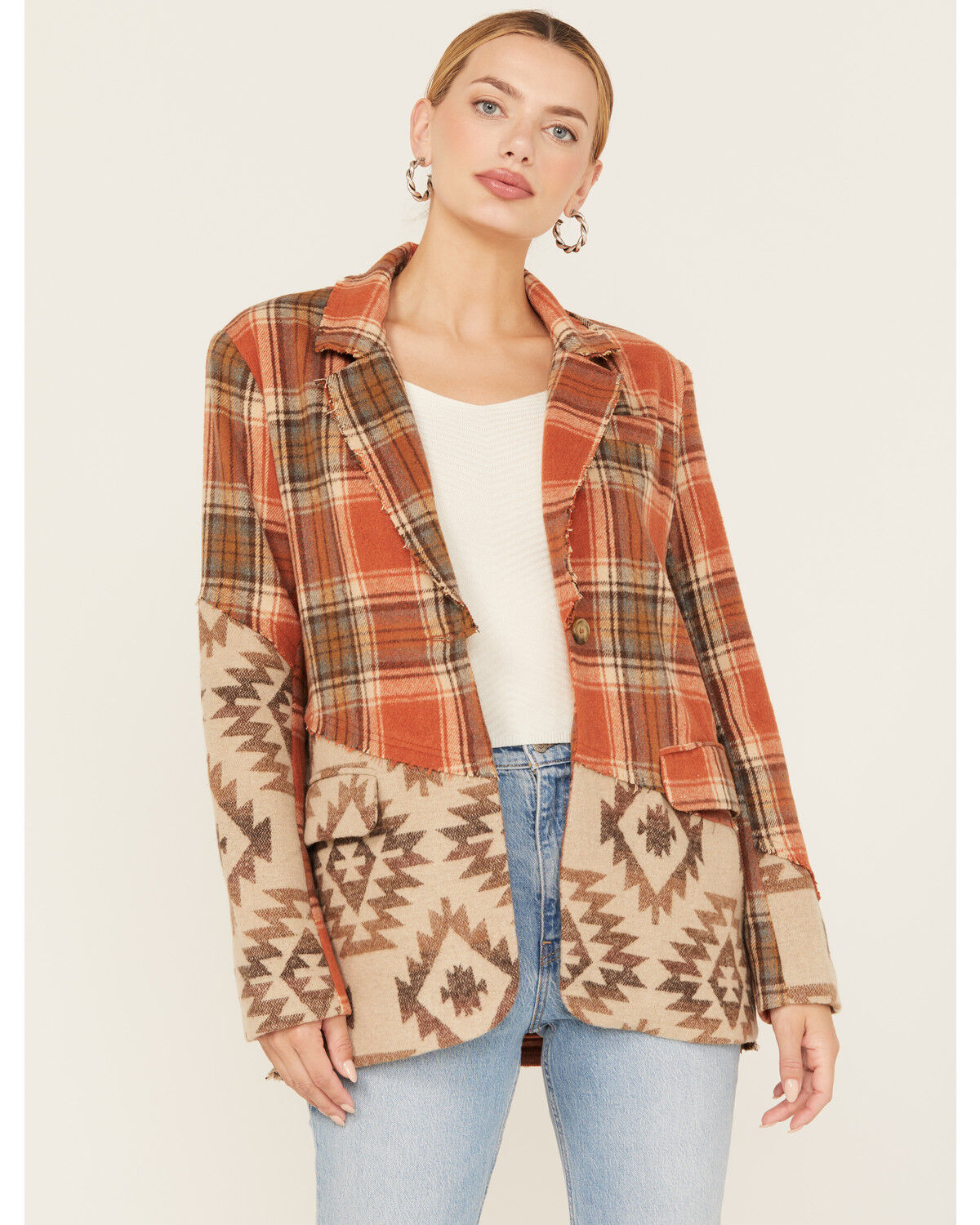 Image #1 - Miss Me Women's Plaid Southwestern Print Blazer, Dark Orange, hi-res