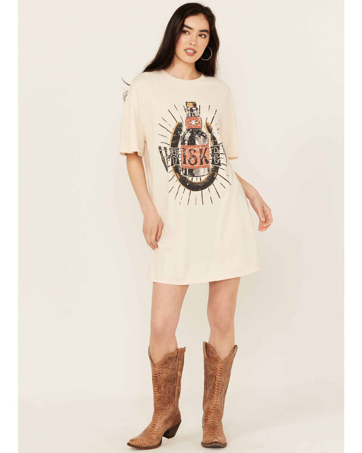 Image #1 - Rock & Roll Denim Women's Whiskey Graphic Short Sleeve T-Shirt Mini Dress, Cream, hi-res