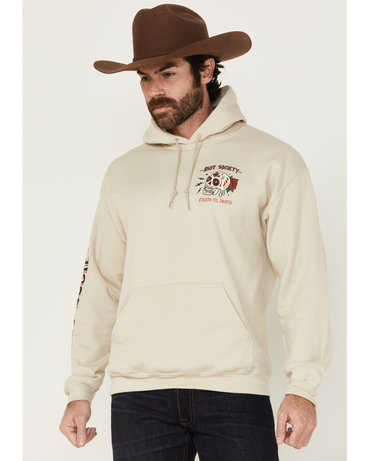 Image #2 - Riot Society Men's Boot Barn Exclusive Fiesta Til Death Cowgirl Graphic Hooded Sweatshirt, Sand, hi-res