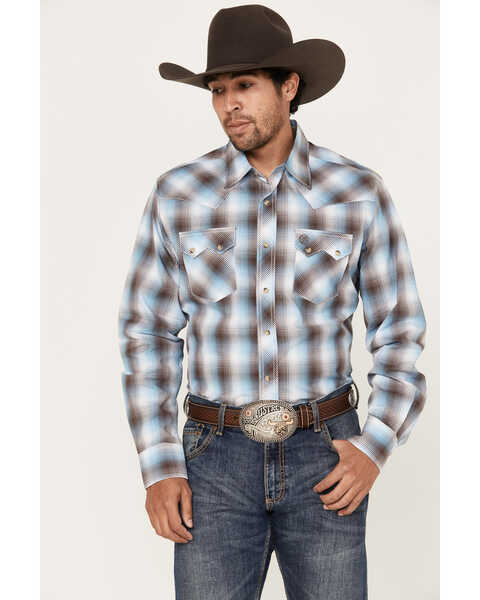 Wrangler Retro Men's Plaid Print Long Sleeve Snap Western Shirt, Brown, hi-res