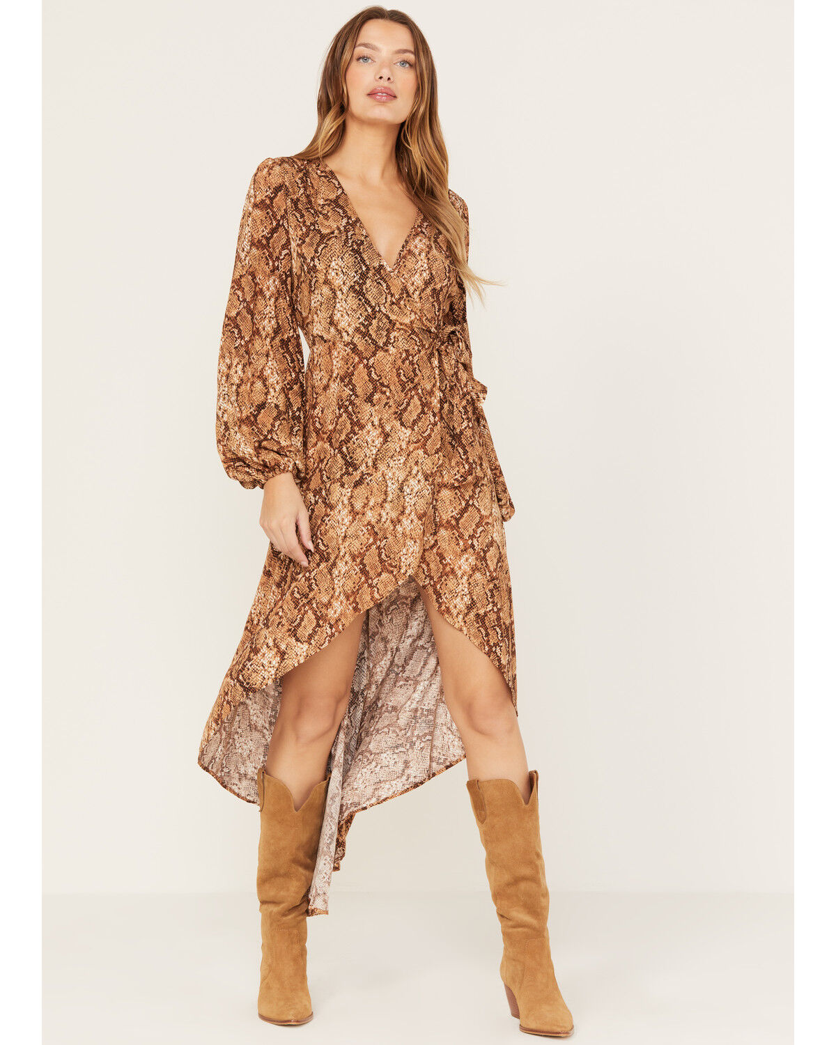 Image #1 - Shyanne Women's Snake Print Ruffle High-Low Dress, Taupe, hi-res