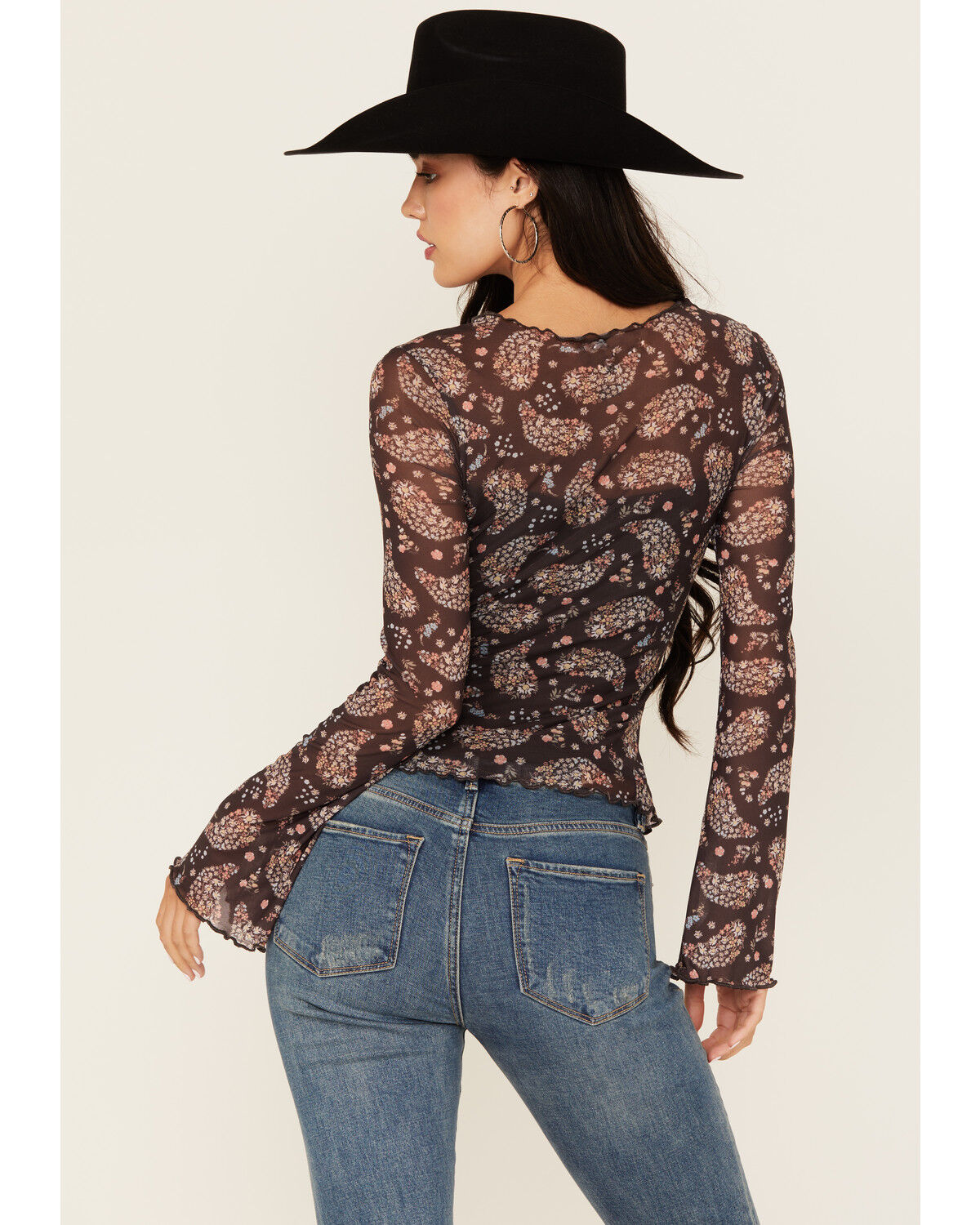 Image #4 - Ash & Violet Women's Paisley Print Mesh Seamed Long Sleeve Top, Black, hi-res