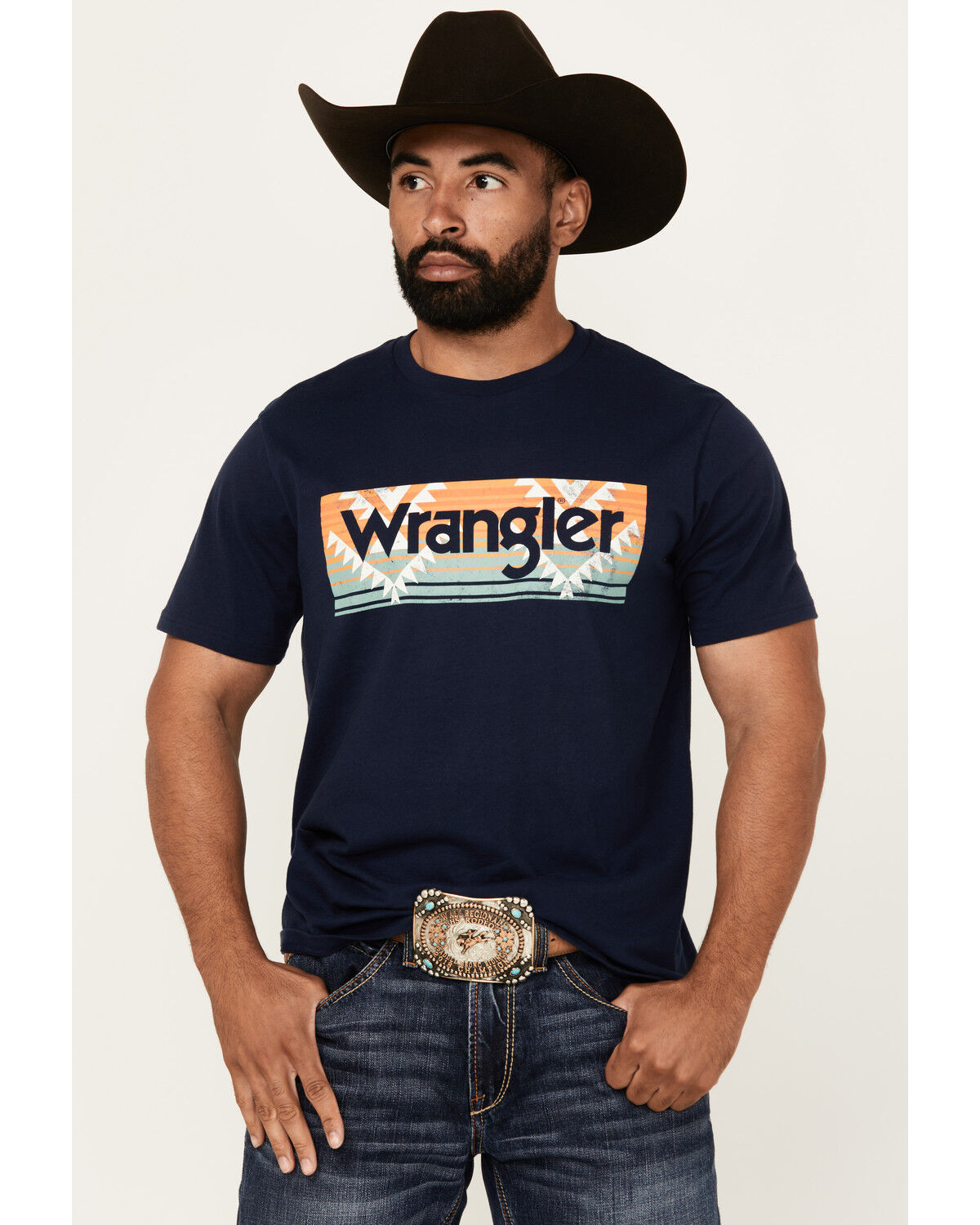 Image #1 - Wrangler Men's Boot Barn Exclusive Southwestern Box Logo Short Sleeve Graphic T-Shirt, Navy, hi-res