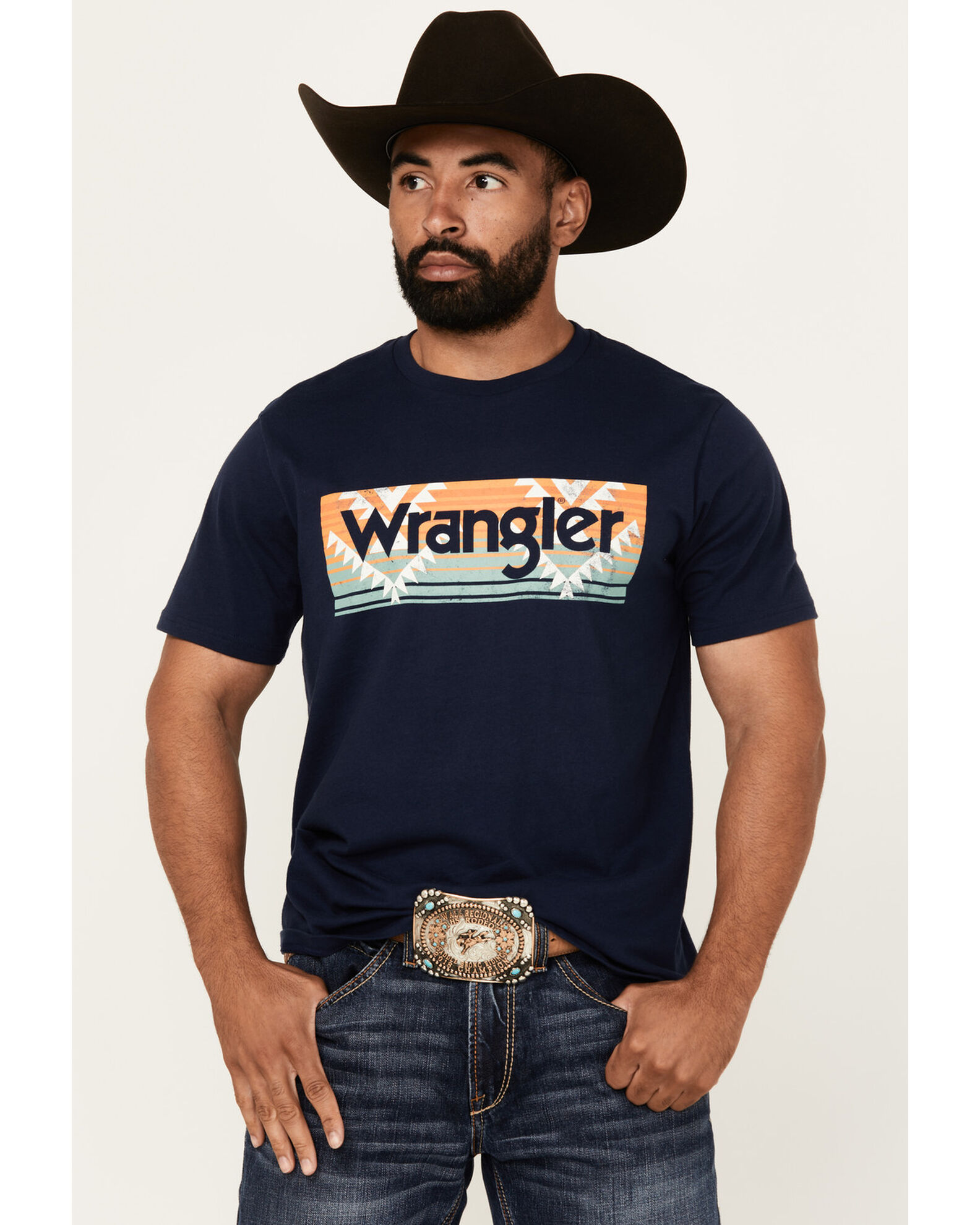 Wrangler Men s Boot Barn Exclusive Southwestern Box Logo Short Sleeve Graphic T Shirt Sheplers