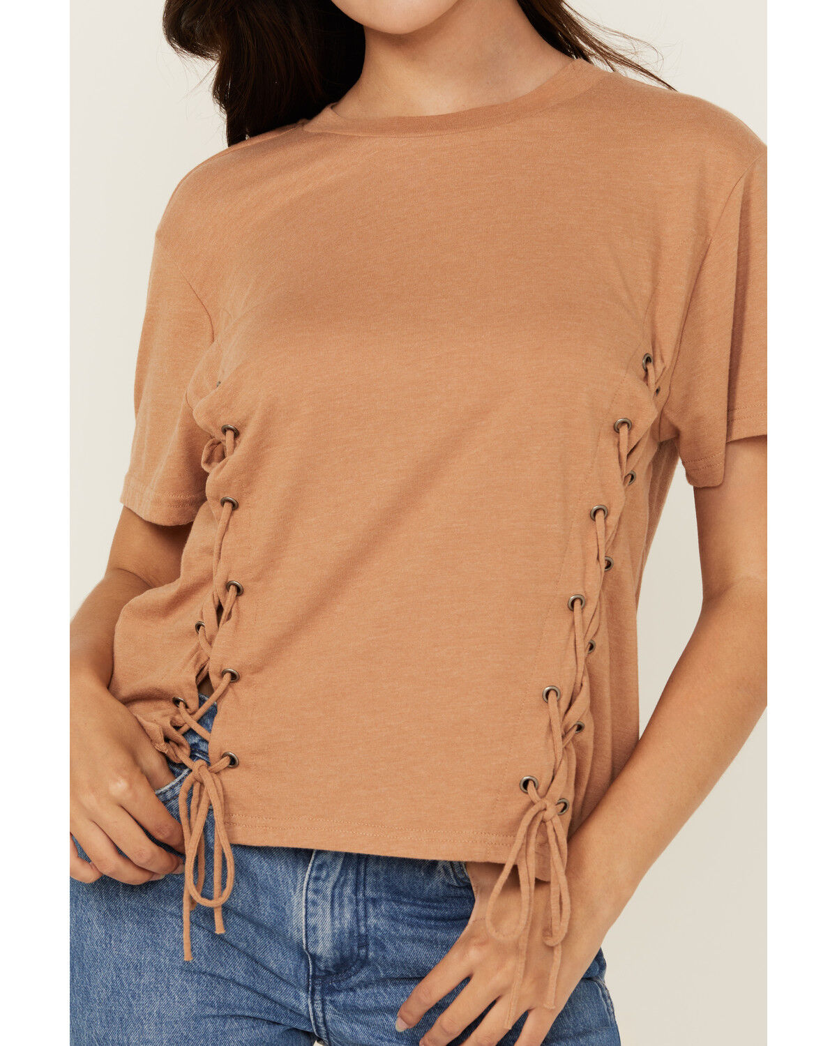 Image #3 - Blended Women's Side Lace-Up Short Sleeve Tee, Brown, hi-res