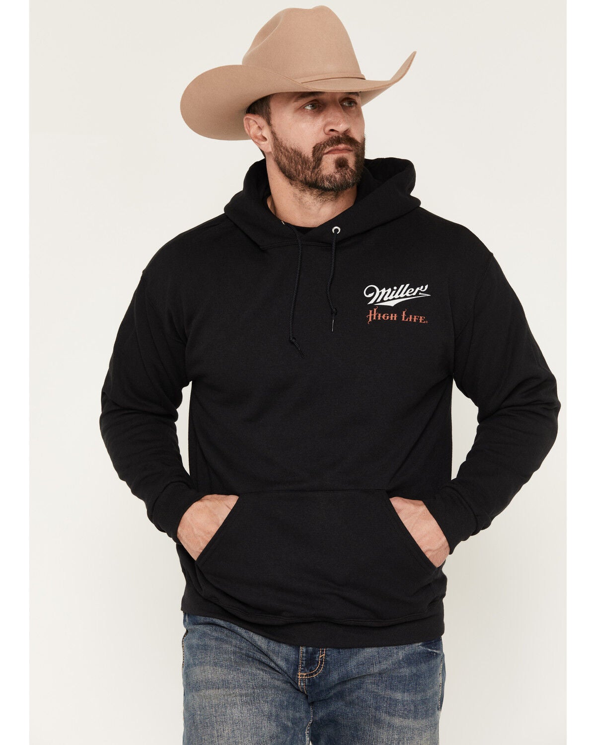 Image #1 - Miller Men's Boot Barn Exclusive High Life Draught Graphic Hooded Sweatshirt, Black, hi-res