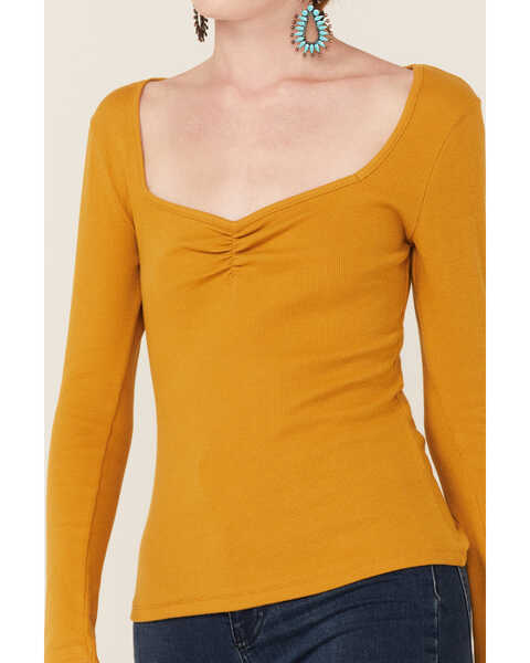 Image #3 - Panhandle Women's Cinch Front Ribbed Knit Long Sleeve Top, Gold, hi-res