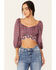Image #1 - Beyond The Radar Women's Border Print Tie Back Top, Purple, hi-res