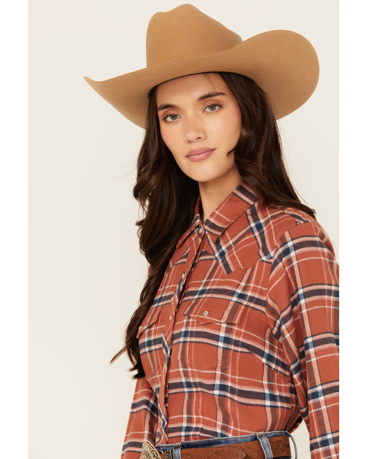 Image #2 - Ely Walker Women's Plaid Print Long Sleeve Snap Flannel Shirt, Rust Copper, hi-res