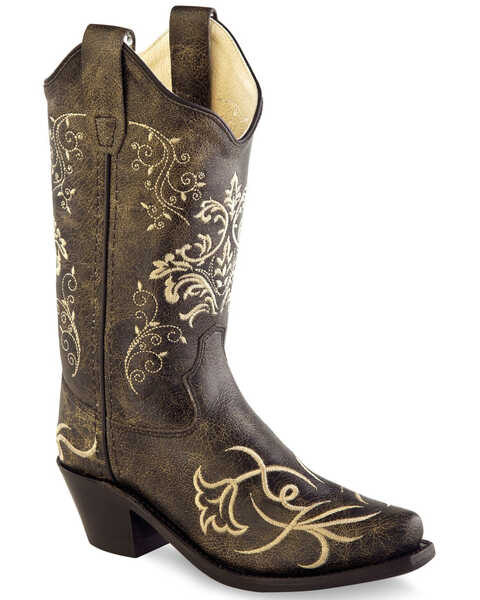 Old West Girls' Tooled Embroidery Western Boots - Snip Toe, Charcoal, hi-res