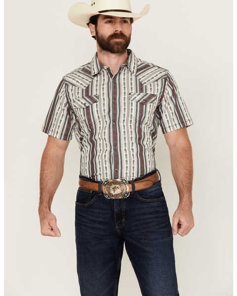 Image #1 - Cody James Men's Patriot Ikat Southwestern Striped Print Short Sleeve Snap Western Shirt - Tall, Ivory, hi-res