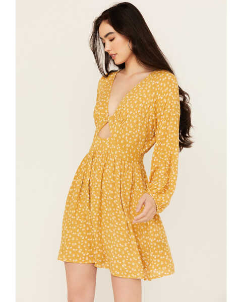 Image #1 - Wild Moss Women's Ditsy Floral Print Cut Out Mini Dress, Mustard, hi-res