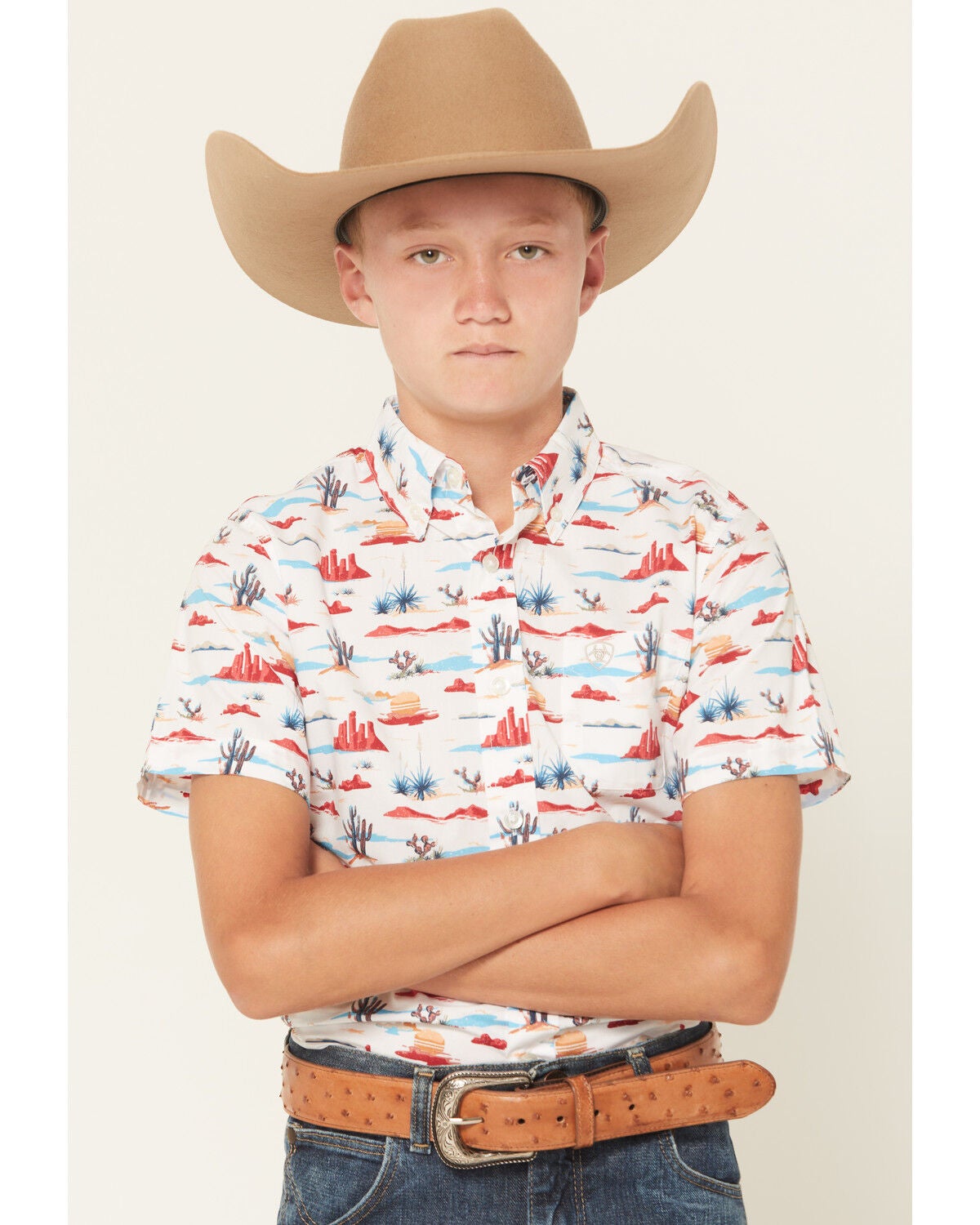Ariat Boys' Desert Print Short Sleeve Button-Down Western Shirt, White, hi-res