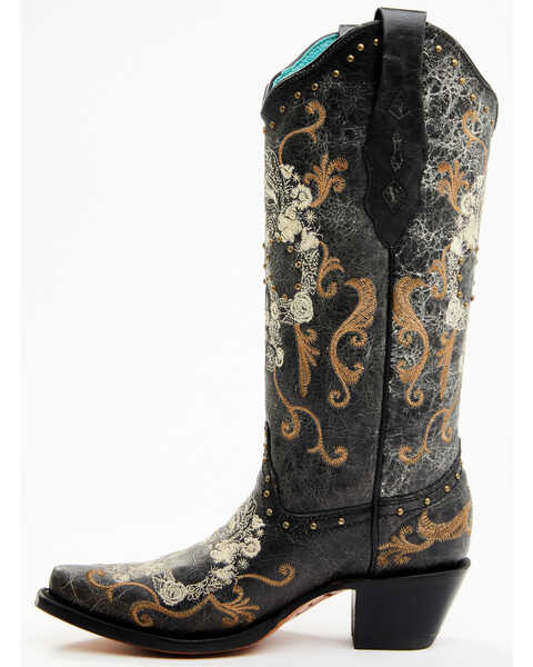 Corral Women's Floral Skull Embroidery & Studs Western Boots - Snip Toe, Black, hi-res