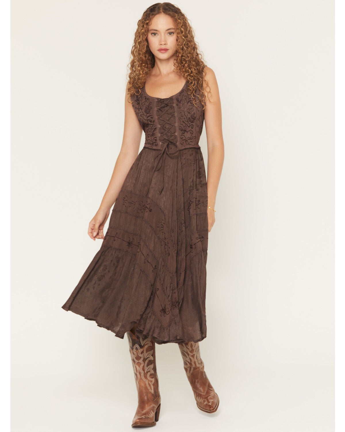 Scully Women's Lace-Up Jacquard Midi Dress, Brown, hi-res