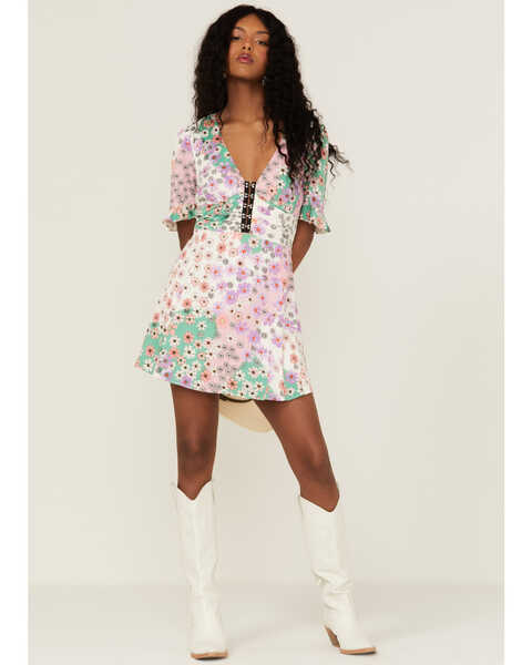 Image #2 - Beyond The Radar Women's Mixed Floral Print Corset Mini Dress, Cream, hi-res