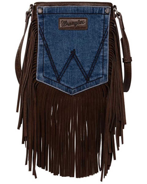 Montana West Women's Wrangler Jean Denim Pocket Fringe Crossbody, Brown, hi-res